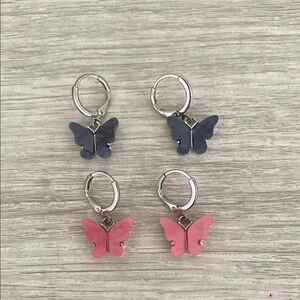 Butterfly Hoop Earrings Set in Pink and Black